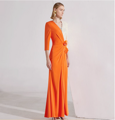 asymmetric gown with sequin sleeve and draped rose detail – SOLARA