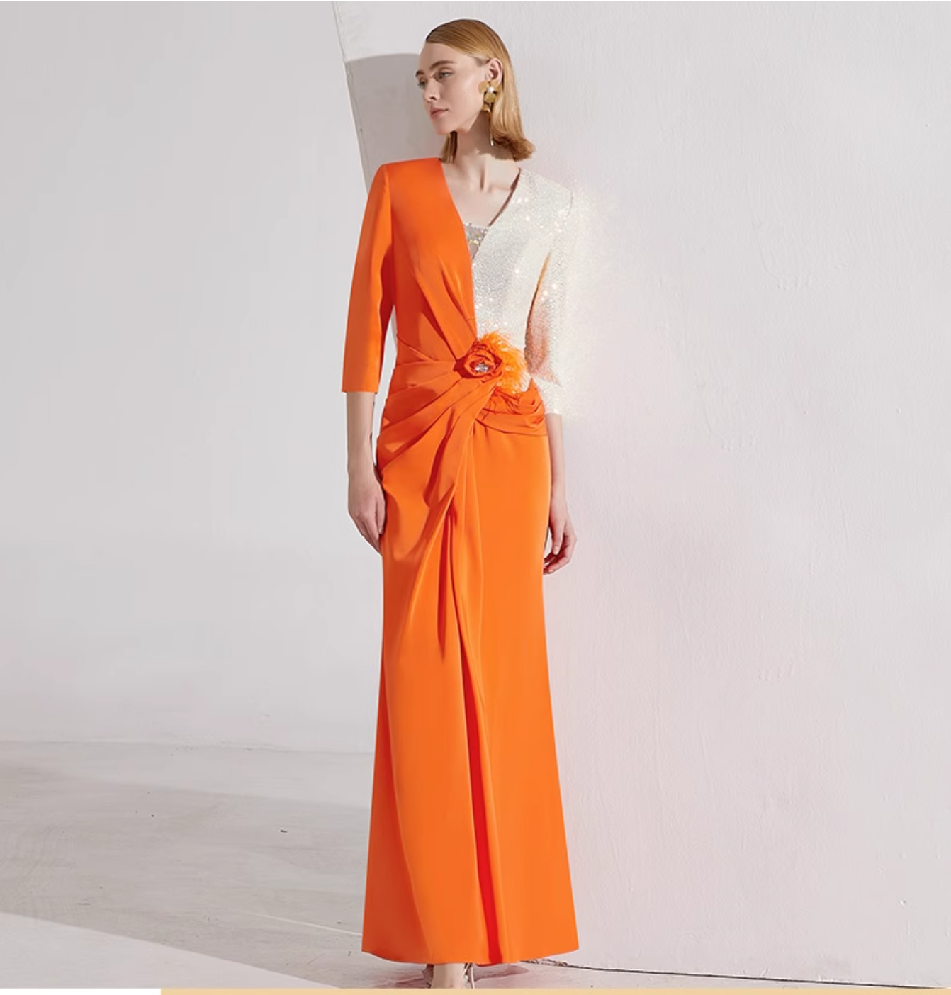 asymmetric gown with sequin sleeve and draped rose detail – SOLARA