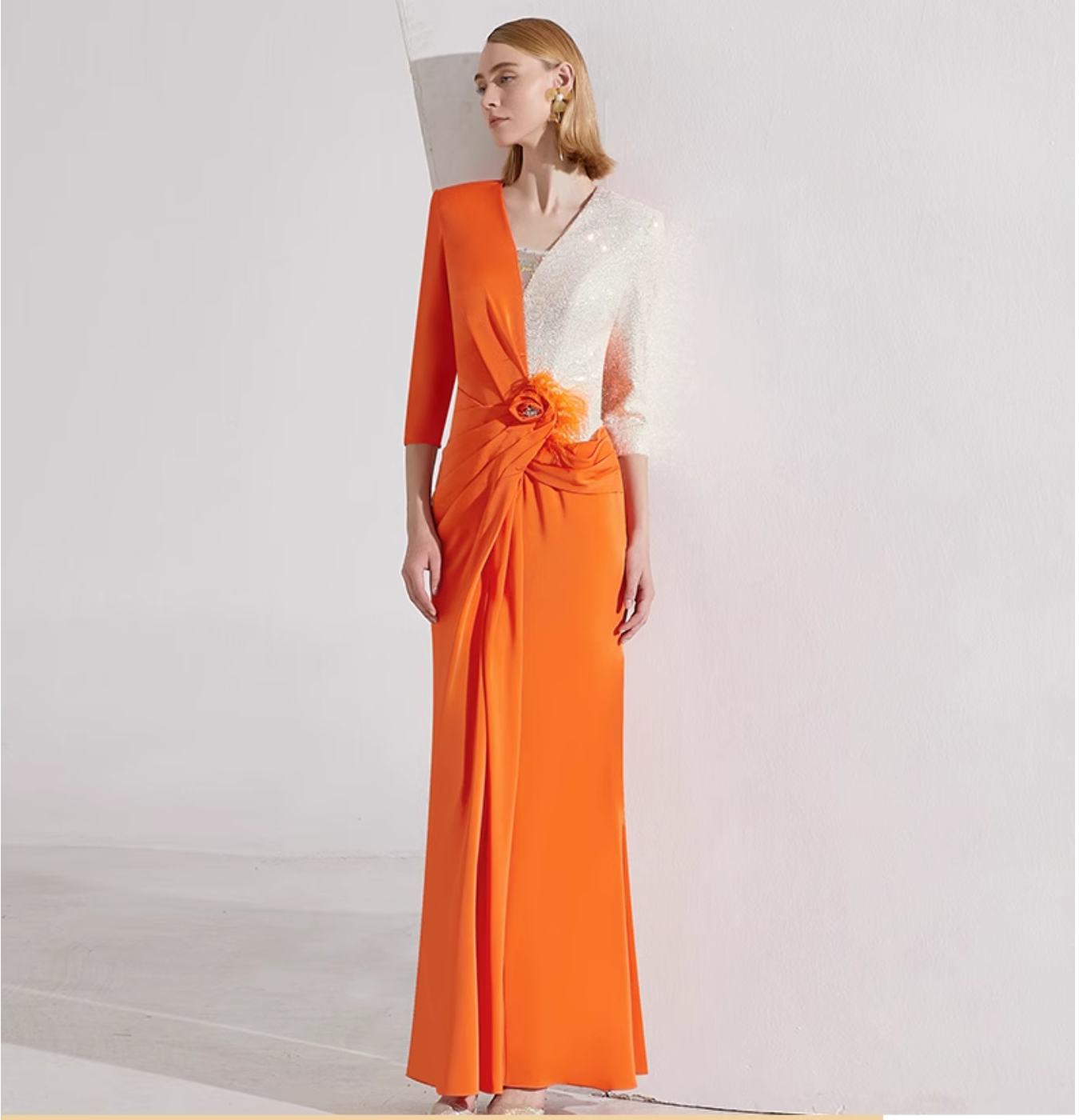 asymmetric gown with sequin sleeve and draped rose detail – SOLARA