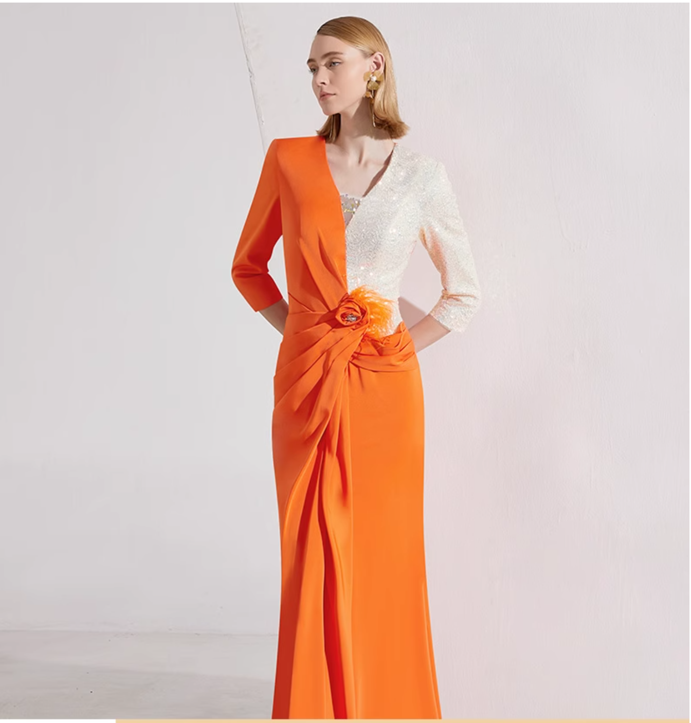 asymmetric gown with sequin sleeve and draped rose detail – SOLARA