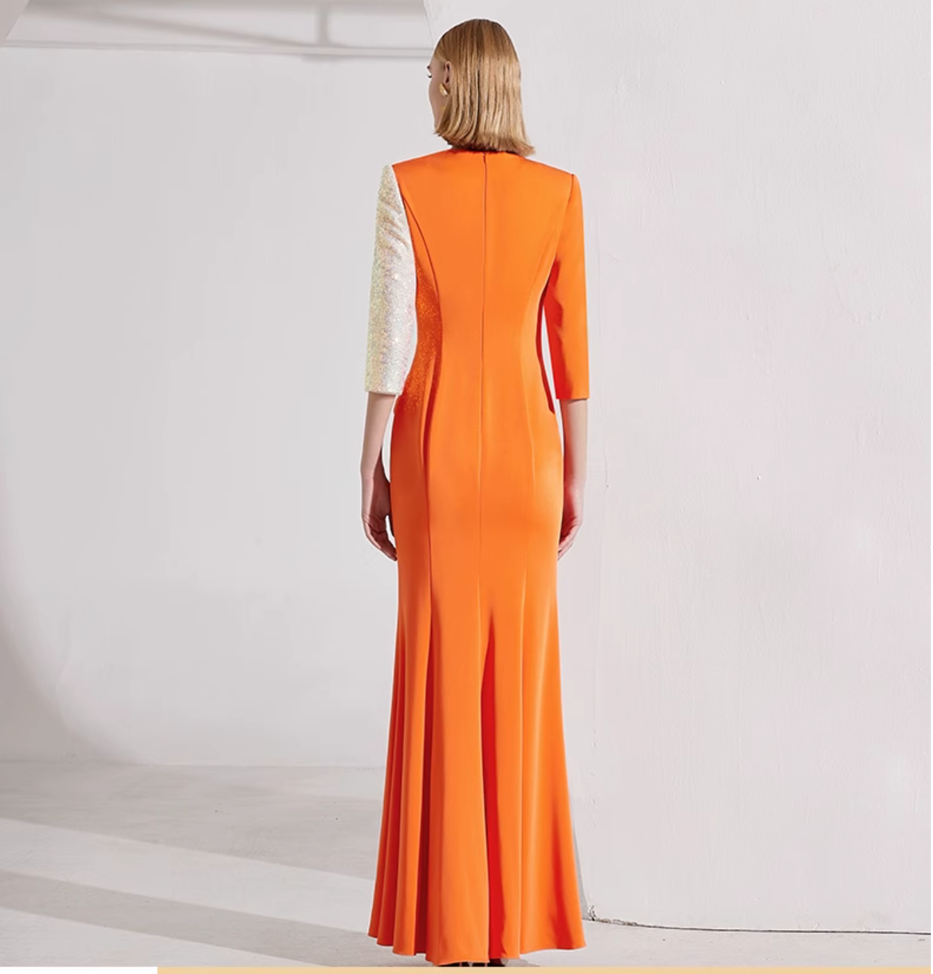 asymmetric gown with sequin sleeve and draped rose detail – SOLARA