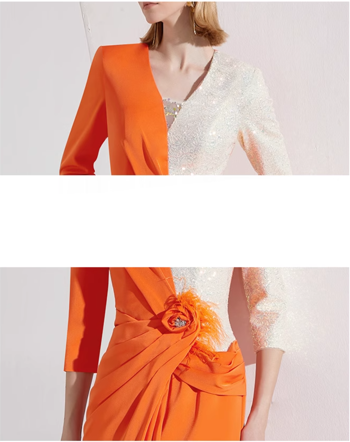 asymmetric gown with sequin sleeve and draped rose detail – SOLARA