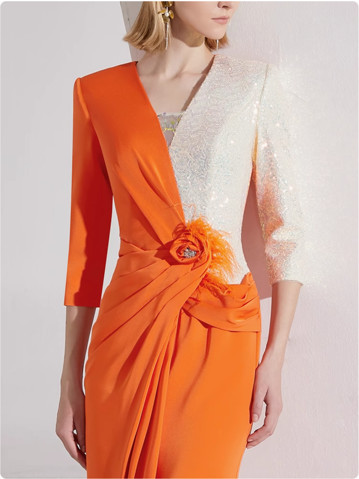 asymmetric gown with sequin sleeve and draped rose detail – SOLARA