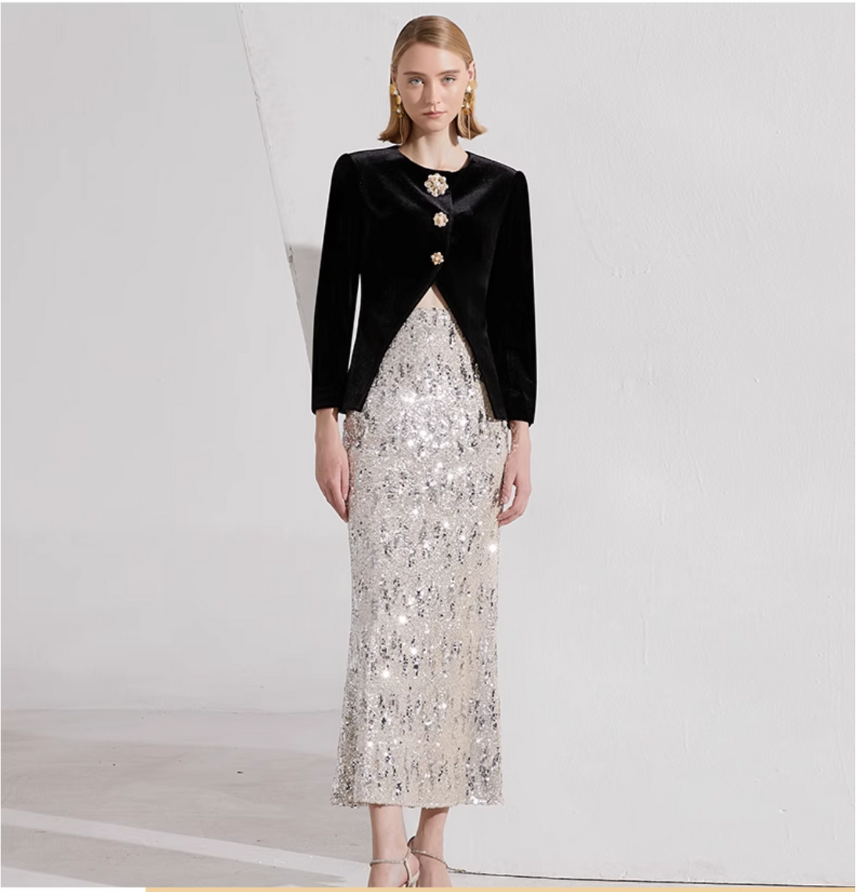 velvet blazer with floral buttons & silver sequin midi skirt – CELESTE