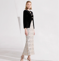 velvet blazer with floral buttons & silver sequin midi skirt – CELESTE