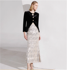 velvet blazer with floral buttons & silver sequin midi skirt – CELESTE