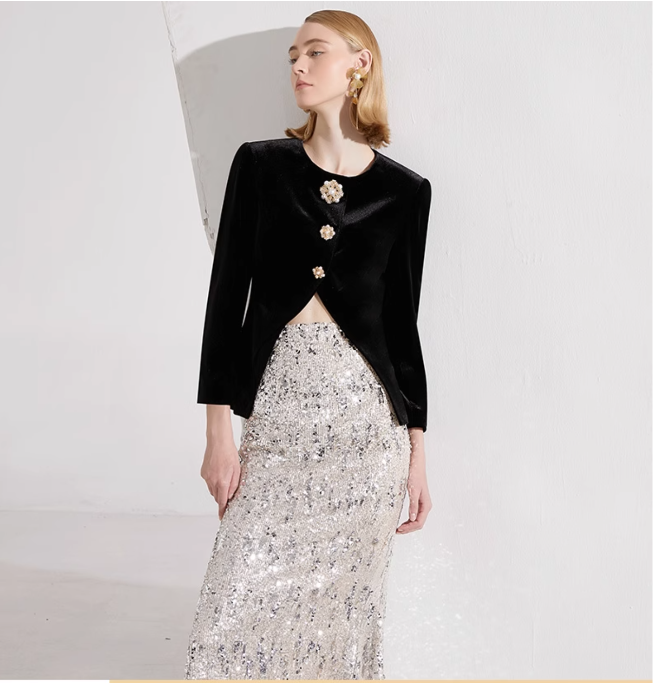velvet blazer with floral buttons & silver sequin midi skirt – CELESTE