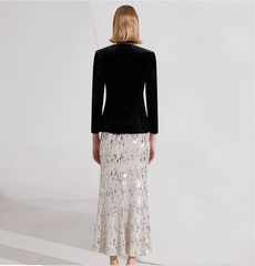 velvet blazer with floral buttons & silver sequin midi skirt – CELESTE