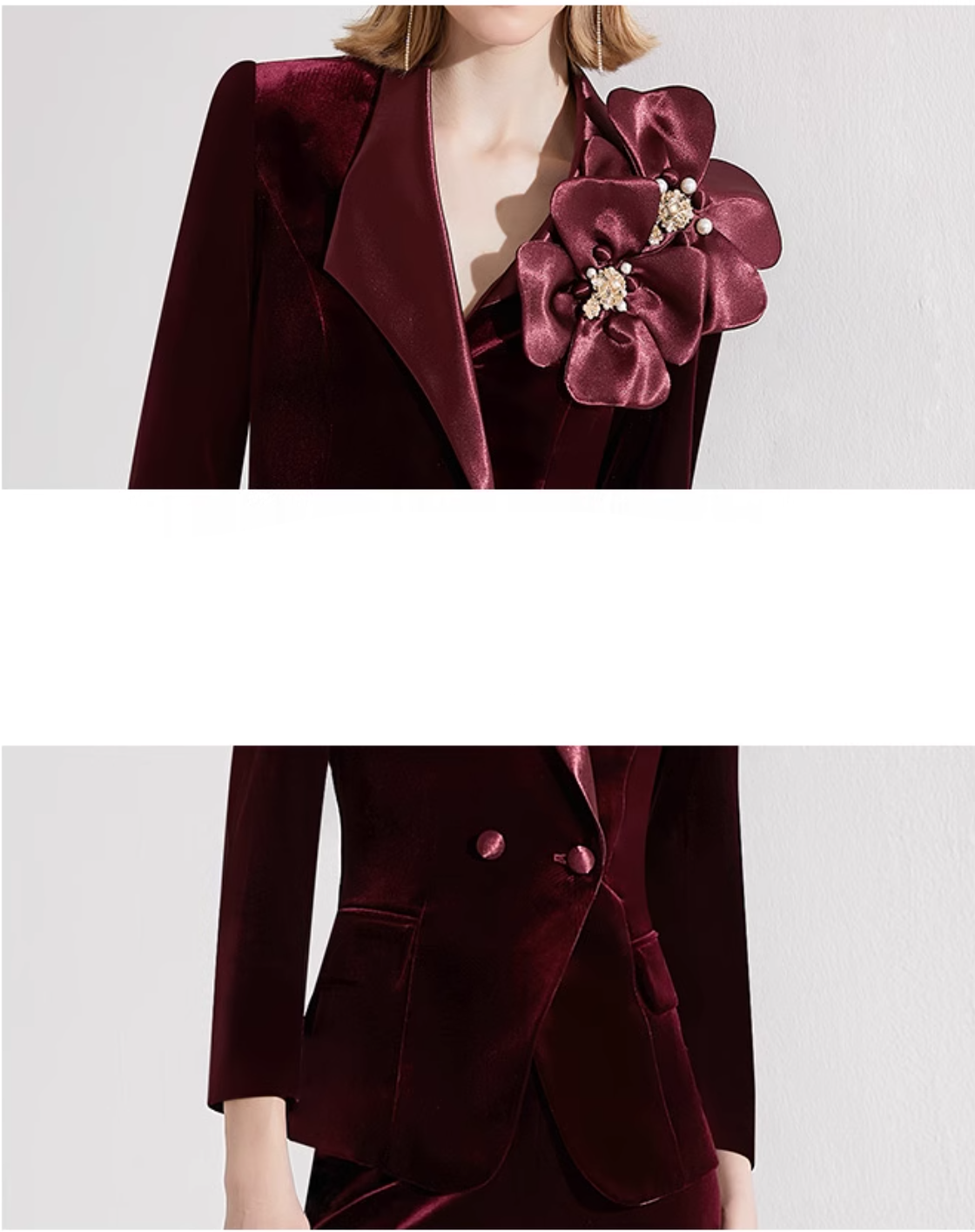 velvet flared pantsuit with oversized floral brooch – BORDEAUX