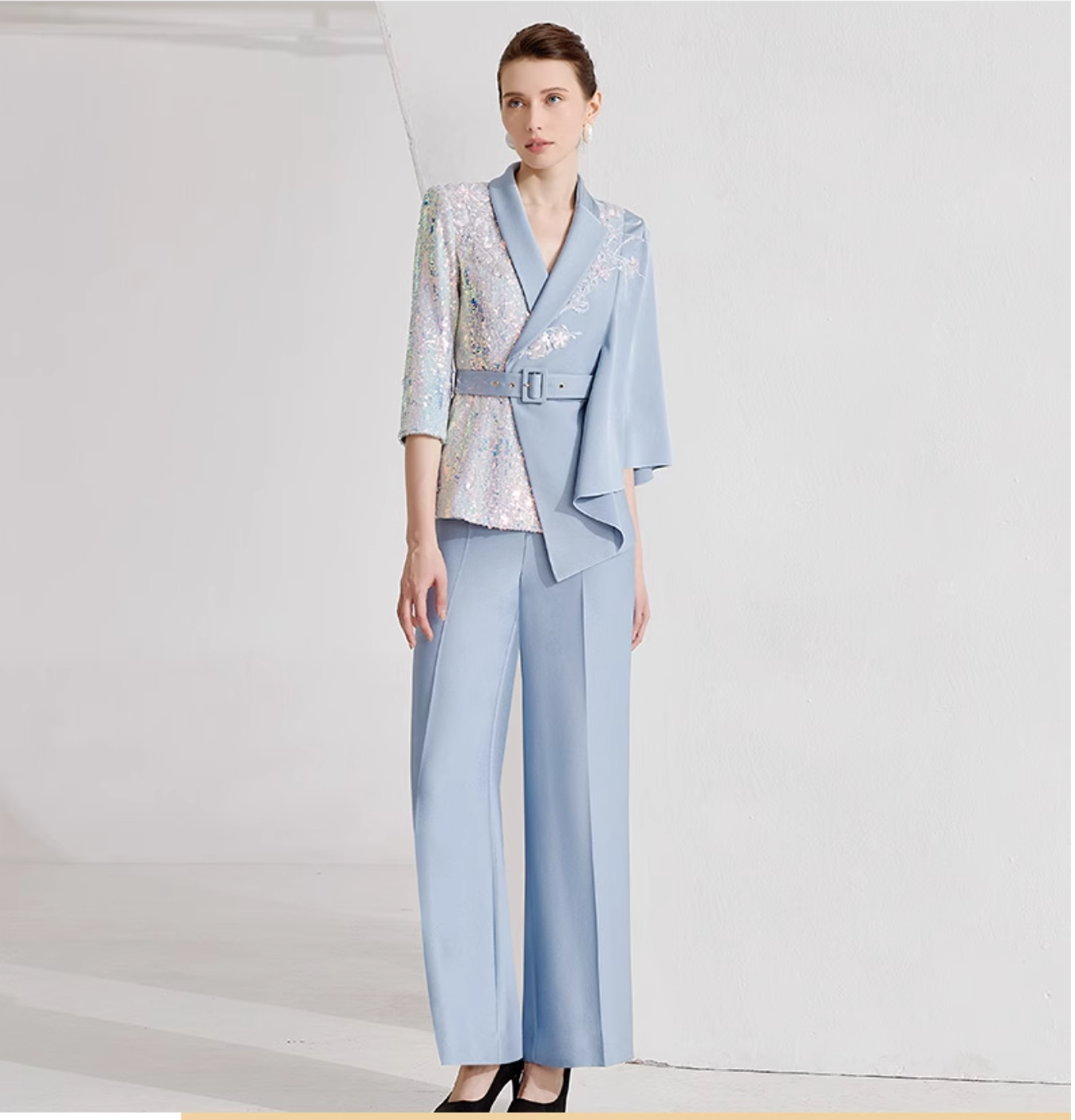 asymmetric belted pantsuit with sequin sleeve – SKYLINE