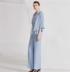 asymmetric belted pantsuit with sequin sleeve – SKYLINE
