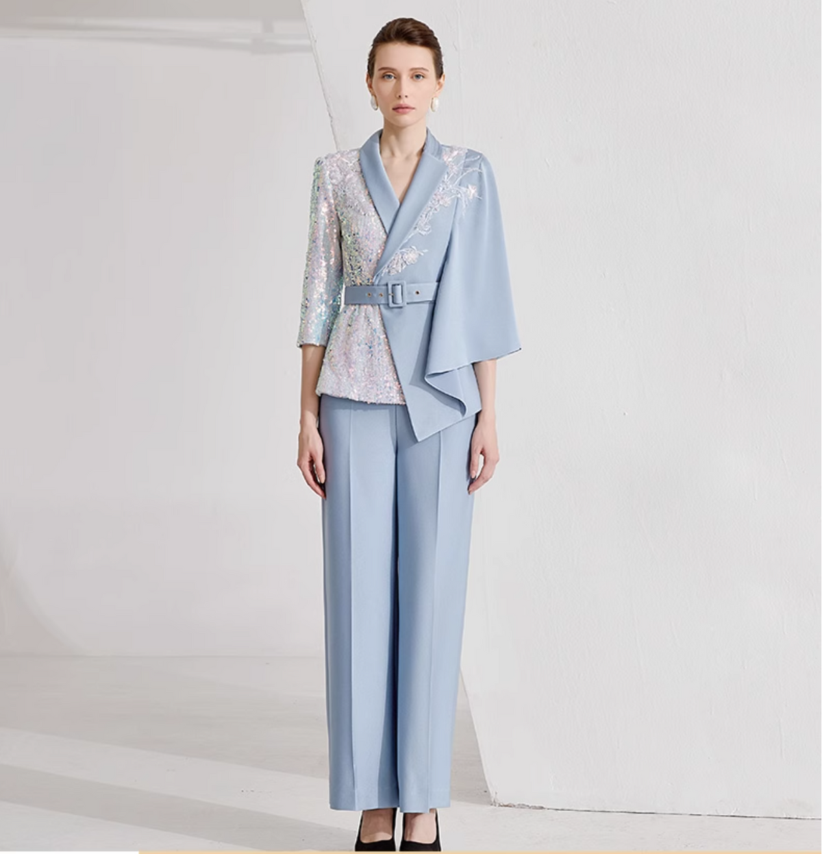 asymmetric belted pantsuit with sequin sleeve – SKYLINE