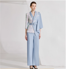 asymmetric belted pantsuit with sequin sleeve – SKYLINE