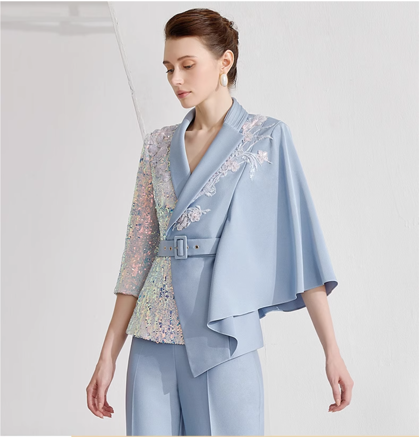 asymmetric belted pantsuit with sequin sleeve – SKYLINE