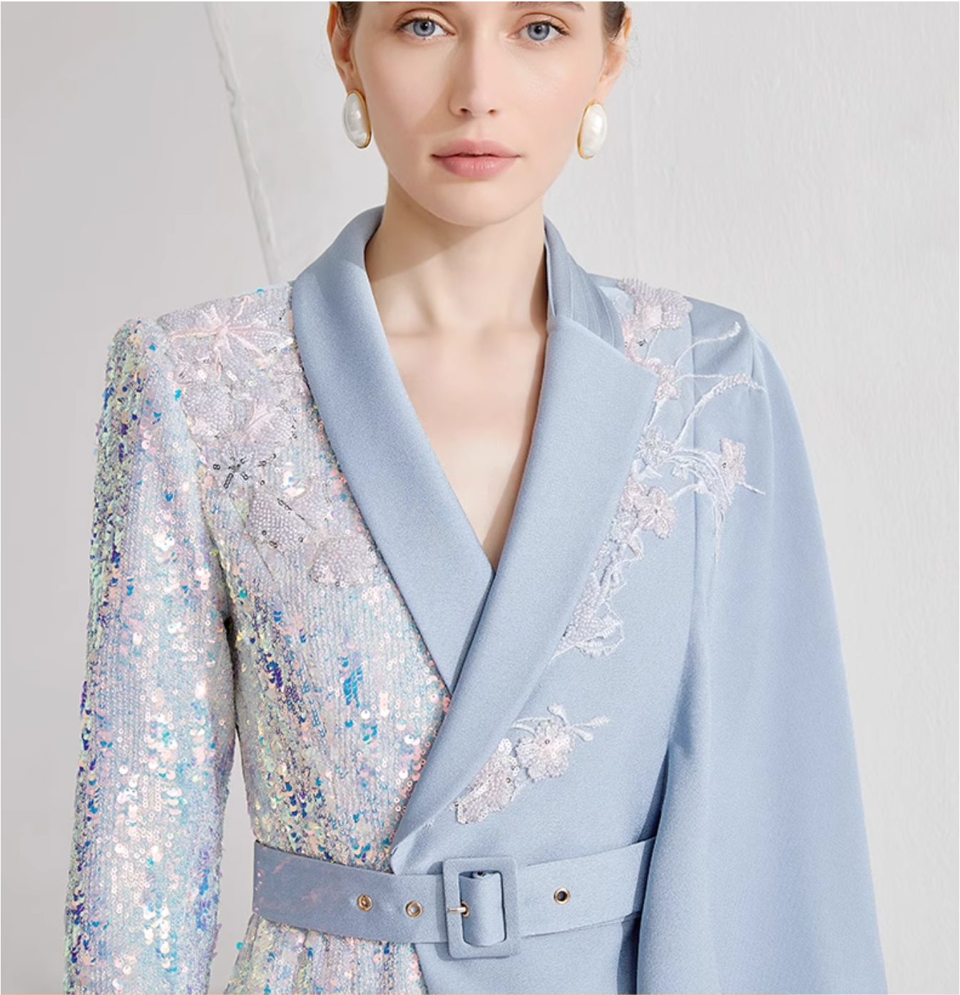asymmetric belted pantsuit with sequin sleeve – SKYLINE