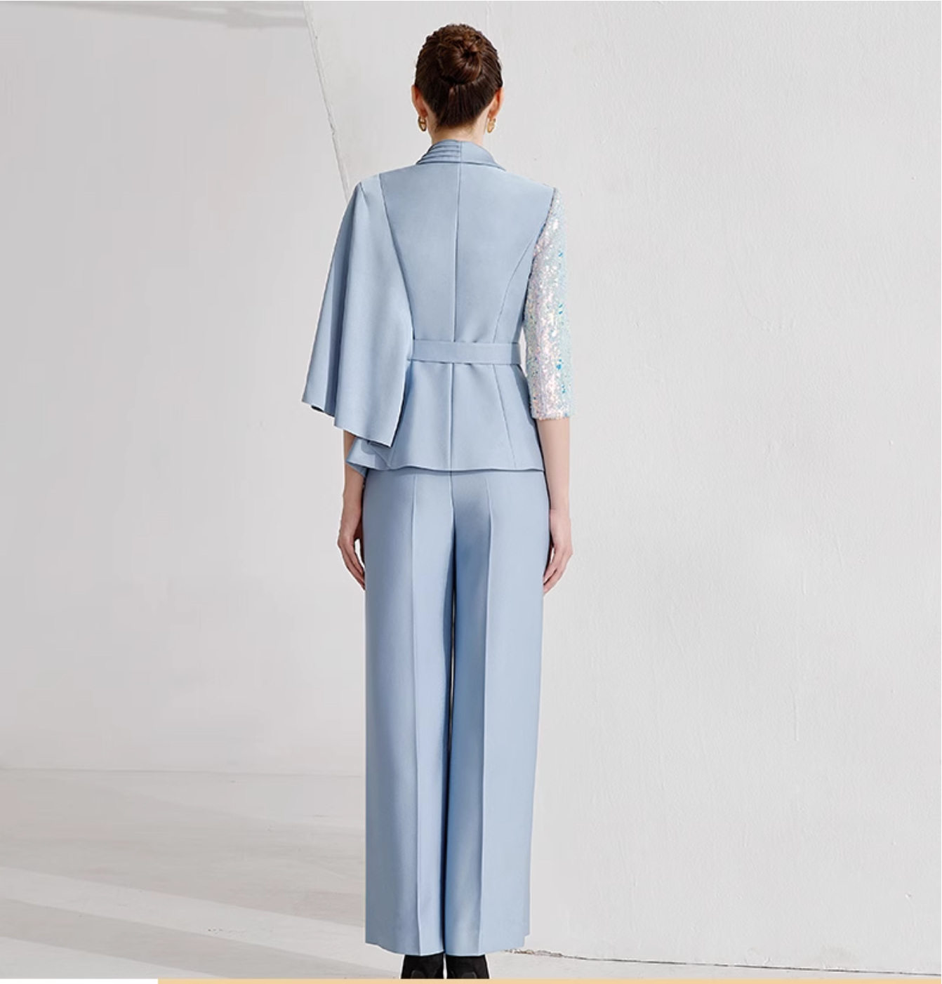 asymmetric belted pantsuit with sequin sleeve – SKYLINE