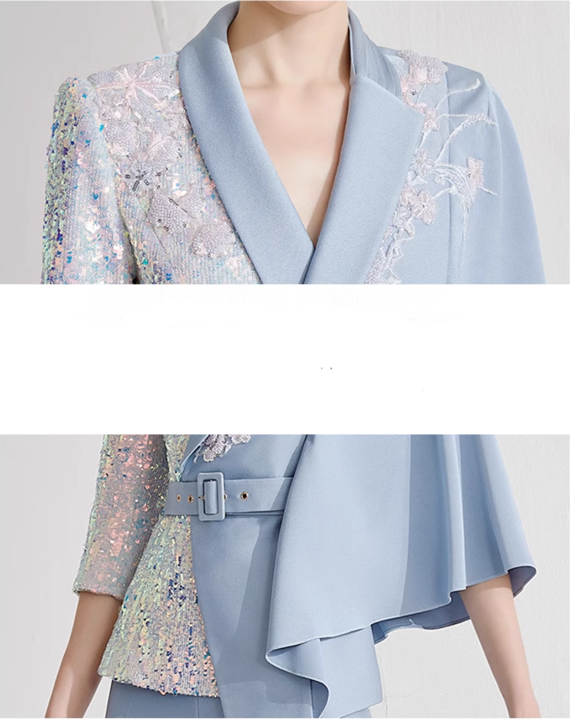 asymmetric belted pantsuit with sequin sleeve – SKYLINE
