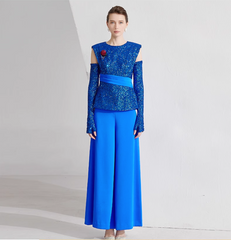 cold-shoulder glitter top with wide-leg pants – ELECTRA