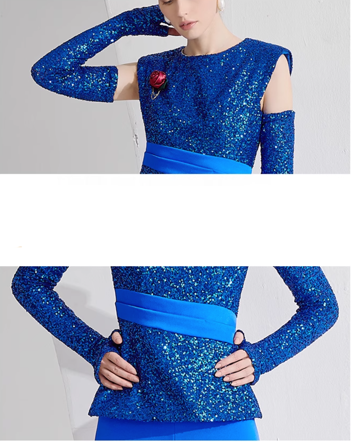 cold-shoulder glitter top with wide-leg pants – ELECTRA
