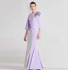 embroidered lilac gown with sequin panel and flared sleeves – LILIAN