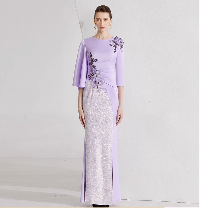 embroidered lilac gown with sequin panel and flared sleeves – LILIAN