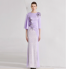 embroidered lilac gown with sequin panel and flared sleeves – LILIAN