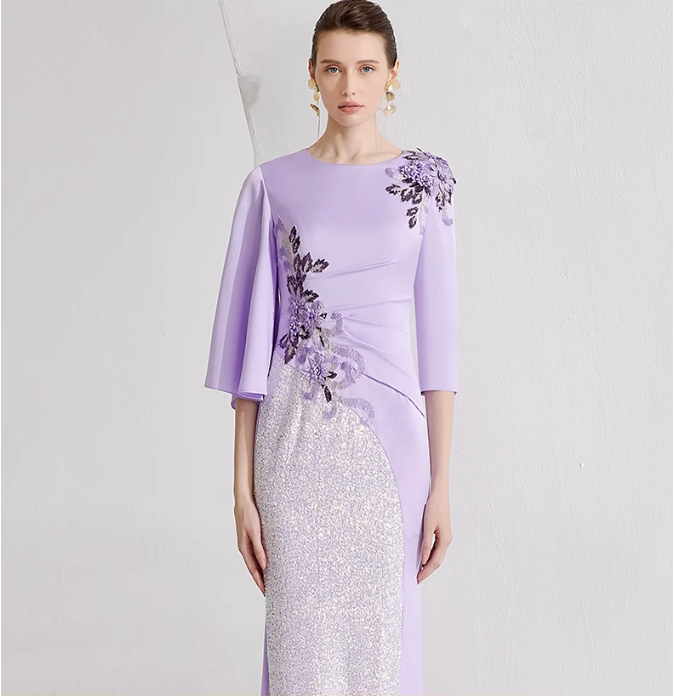 embroidered lilac gown with sequin panel and flared sleeves – LILIAN