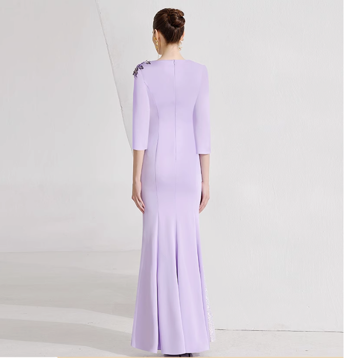 embroidered lilac gown with sequin panel and flared sleeves – LILIAN