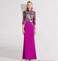embroidered mermaid gown with illusion neckline – FUCHSIA BLOOM
