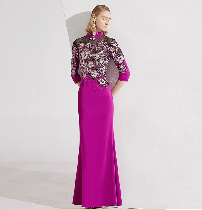 embroidered mermaid gown with illusion neckline – FUCHSIA BLOOM