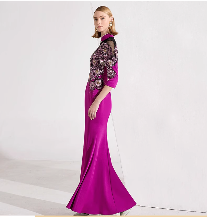 embroidered mermaid gown with illusion neckline – FUCHSIA BLOOM