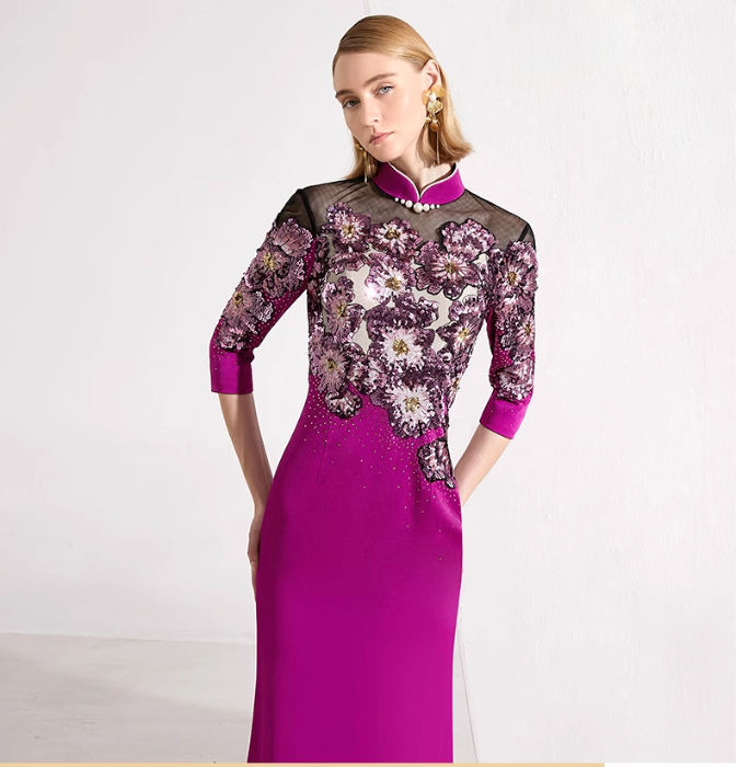 embroidered mermaid gown with illusion neckline – FUCHSIA BLOOM