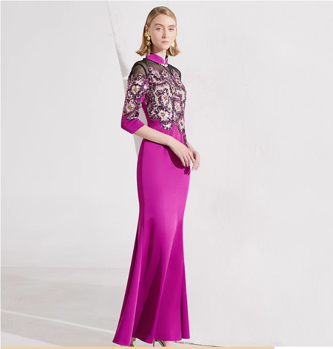 embroidered mermaid gown with illusion neckline – FUCHSIA BLOOM