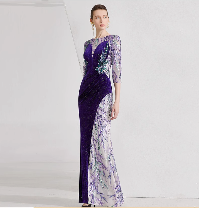 illusion velvet gown with embroidered tulle panels – VIOLET MUSE