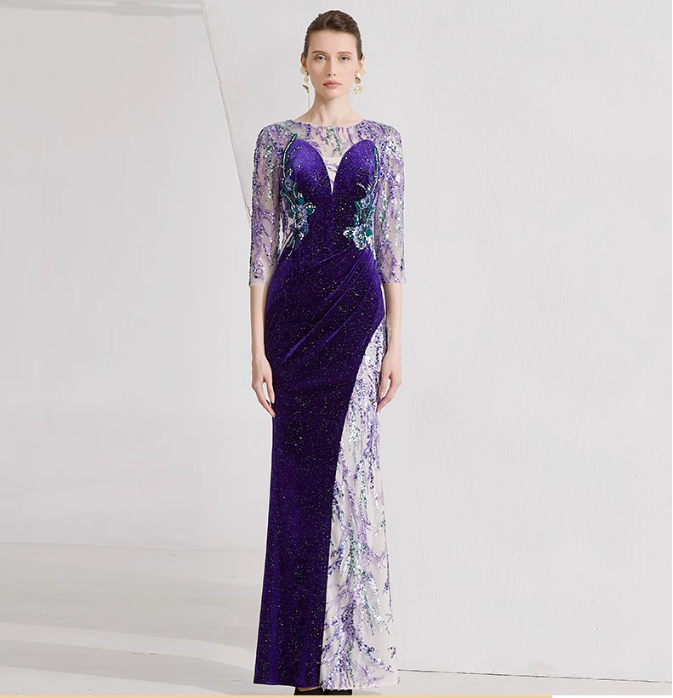 illusion velvet gown with embroidered tulle panels – VIOLET MUSE