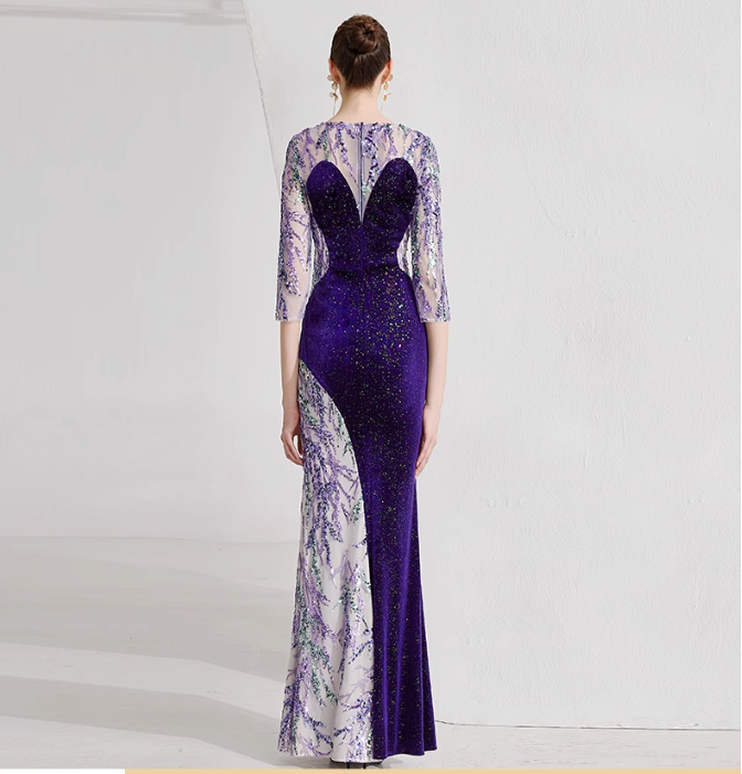illusion velvet gown with embroidered tulle panels – VIOLET MUSE