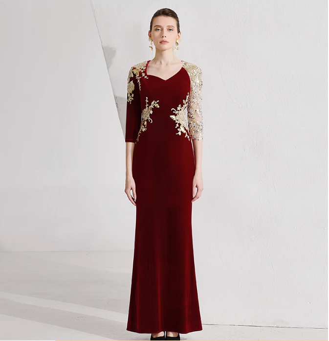 velvet gown with sequin mesh sleeves and gold embroidery – CARMINE