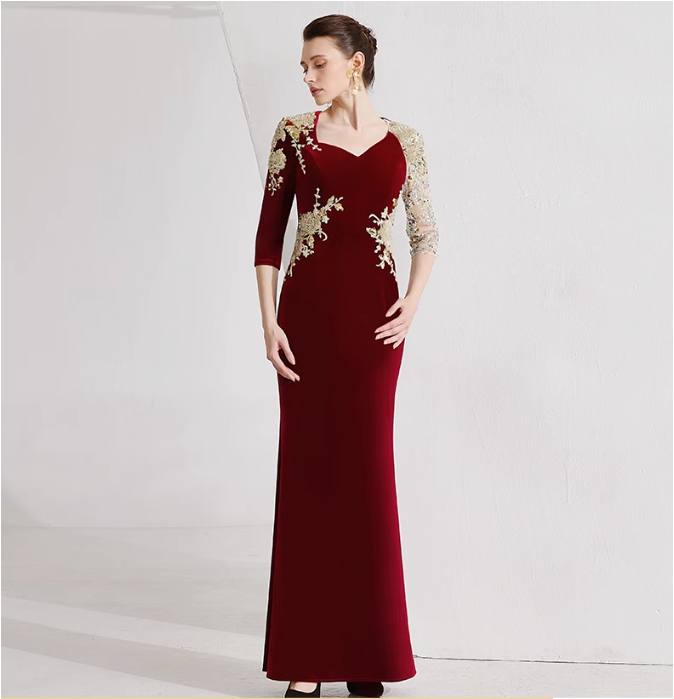 velvet gown with sequin mesh sleeves and gold embroidery – CARMINE