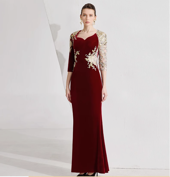 velvet gown with sequin mesh sleeves and gold embroidery – CARMINE