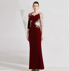 velvet gown with sequin mesh sleeves and gold embroidery – CARMINE