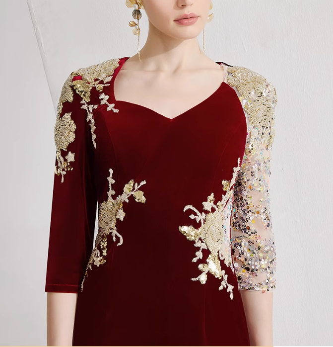velvet gown with sequin mesh sleeves and gold embroidery – CARMINE