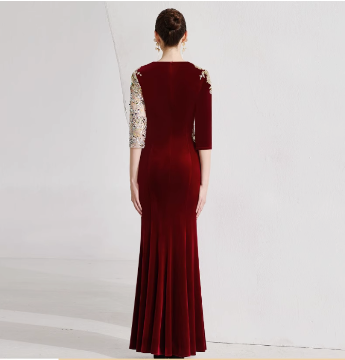 velvet gown with sequin mesh sleeves and gold embroidery – CARMINE