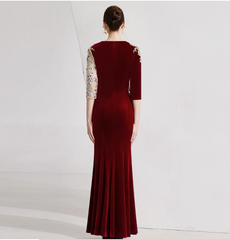 velvet gown with sequin mesh sleeves and gold embroidery – CARMINE