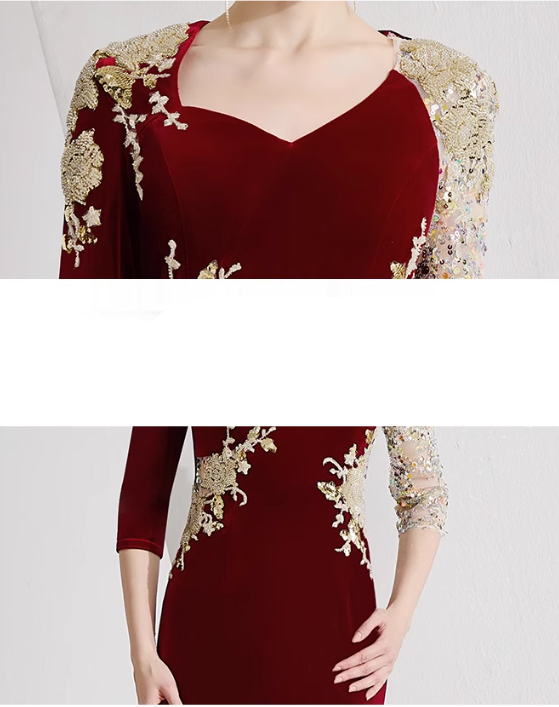 velvet gown with sequin mesh sleeves and gold embroidery – CARMINE