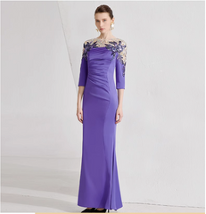 ruched gown with illusion floral neckline – PERIWINKLE