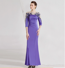 ruched gown with illusion floral neckline – PERIWINKLE