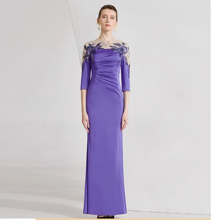 ruched gown with illusion floral neckline – PERIWINKLE