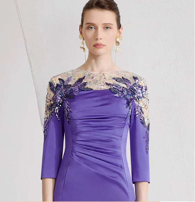 ruched gown with illusion floral neckline – PERIWINKLE