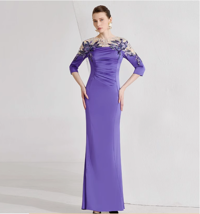 ruched gown with illusion floral neckline – PERIWINKLE