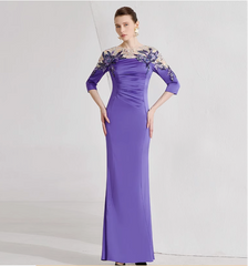 ruched gown with illusion floral neckline – PERIWINKLE